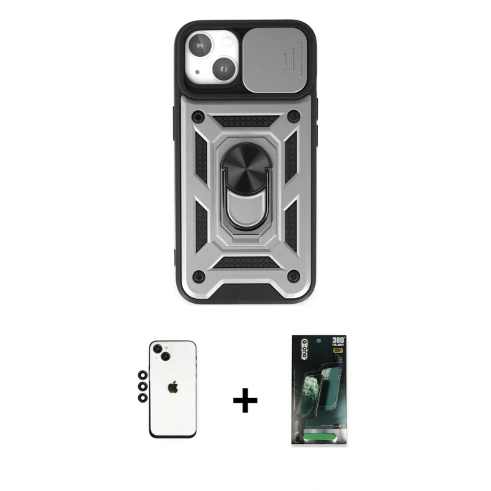MARSİLYAN™- iPhone 14 Kılıf Ahenk Klasik - Şeffaf 360 Full Body Arka Koruyucu + Shine Kamera Lens - SH
