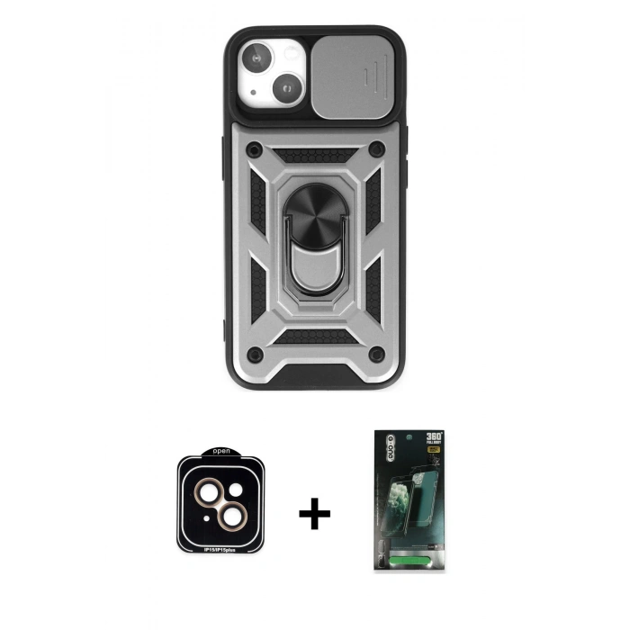 MARSİLYAN™- iPhone 14 Kılıf Ahenk Klasik - Şeffaf 360 Full Body Arka Koruyucu + PVD Metal Kamera Lens - TU