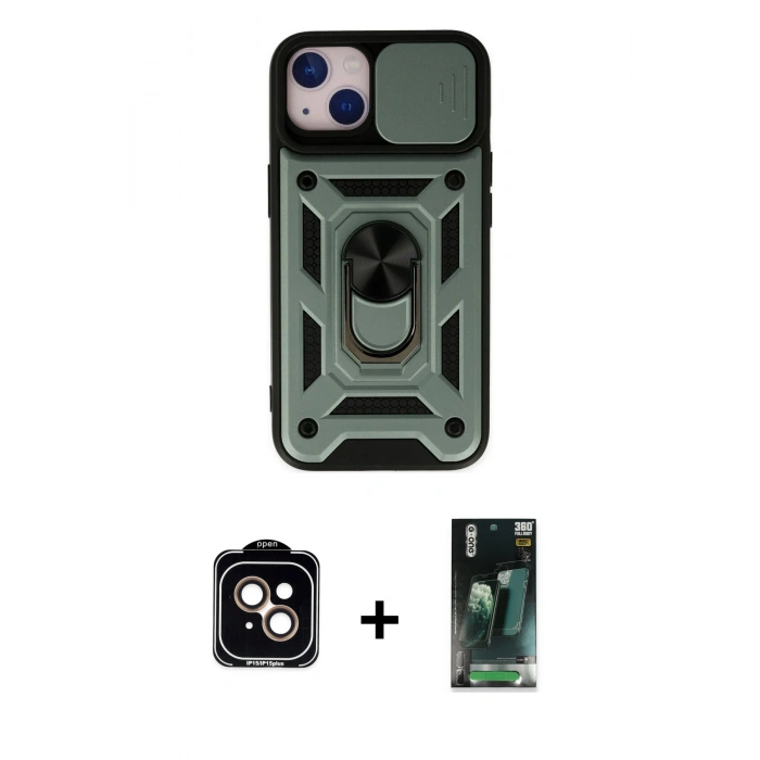 MARSİLYAN™- iPhone 14 Kılıf Ahenk Klasik - Şeffaf 360 Full Body Arka Koruyucu + PVD Metal Kamera Lens - TU