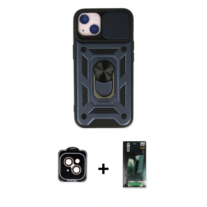 MARSİLYAN™- iPhone 14 Kılıf Ahenk Klasik - Şeffaf 360 Full Body Arka Koruyucu + PVD Metal Kamera Lens - TU