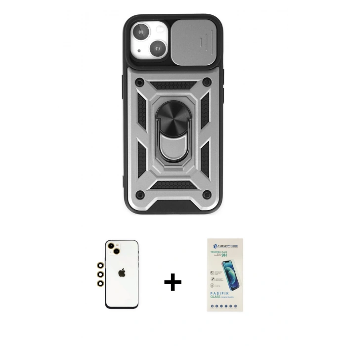 MARSİLYAN™- iPhone 14 Kılıf Ahenk Klasik - Şeffaf Pasifik Cam Ekran Koruyucu + Shine Kamera Lens - GD
