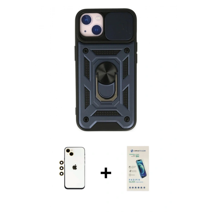 MARSİLYAN™- iPhone 14 Kılıf Ahenk Klasik - Şeffaf Pasifik Cam Ekran Koruyucu + Shine Kamera Lens - GD