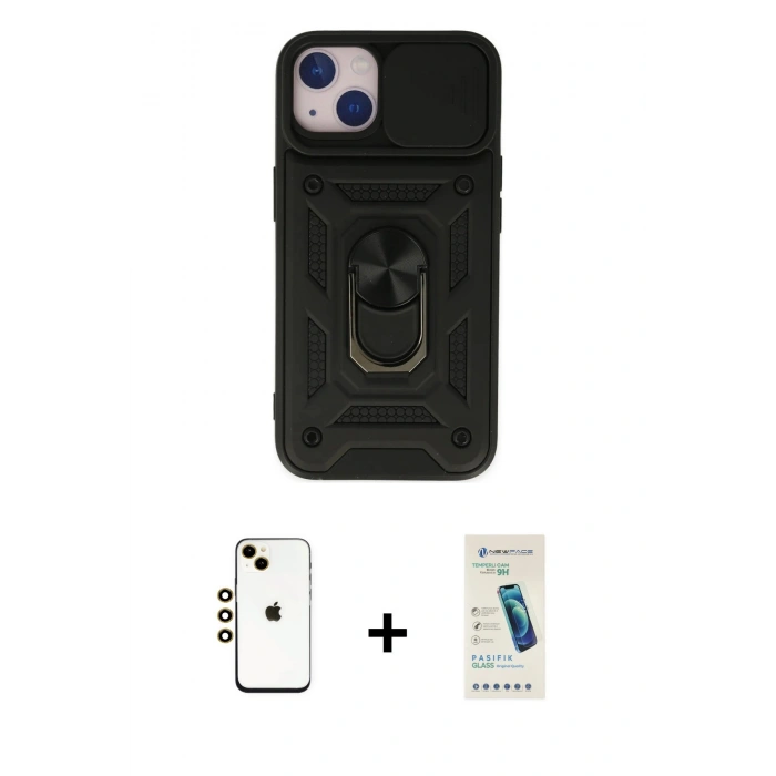 MARSİLYAN™- iPhone 14 Kılıf Ahenk Klasik - Şeffaf Pasifik Cam Ekran Koruyucu + Shine Kamera Lens - GD