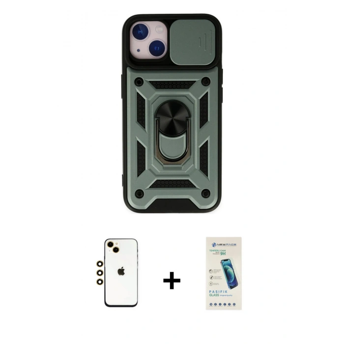 MARSİLYAN™- iPhone 14 Kılıf Ahenk Klasik - Şeffaf Pasifik Cam Ekran Koruyucu + Shine Kamera Lens - GD