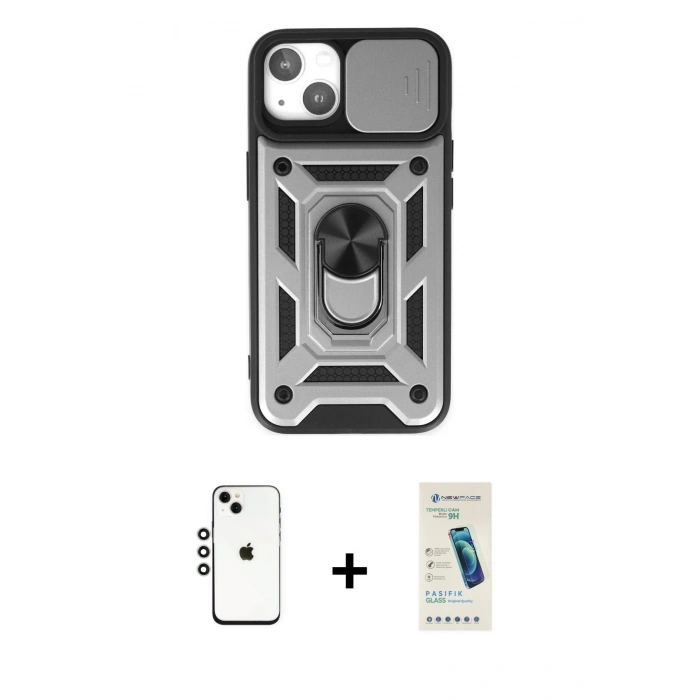 MARSİLYAN™- iPhone 14 Kılıf Ahenk Klasik - Şeffaf Pasifik Cam Ekran Koruyucu + Shine Kamera Lens - GS