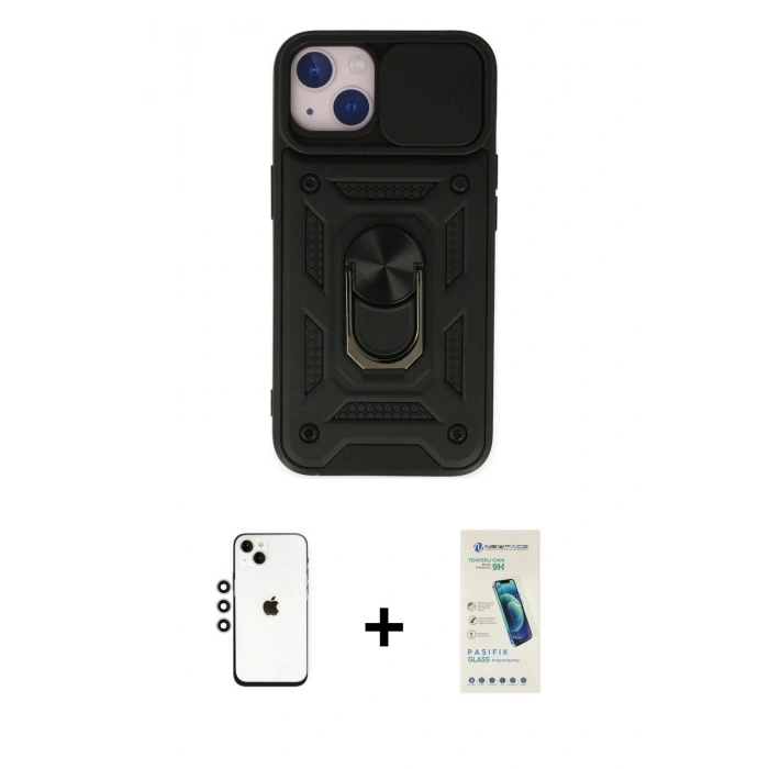 MARSİLYAN™- iPhone 14 Kılıf Ahenk Klasik - Şeffaf Pasifik Cam Ekran Koruyucu + Shine Kamera Lens - GS