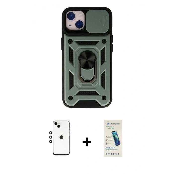 MARSİLYAN™- iPhone 14 Kılıf Ahenk Klasik - Şeffaf Pasifik Cam Ekran Koruyucu + Shine Kamera Lens - GS