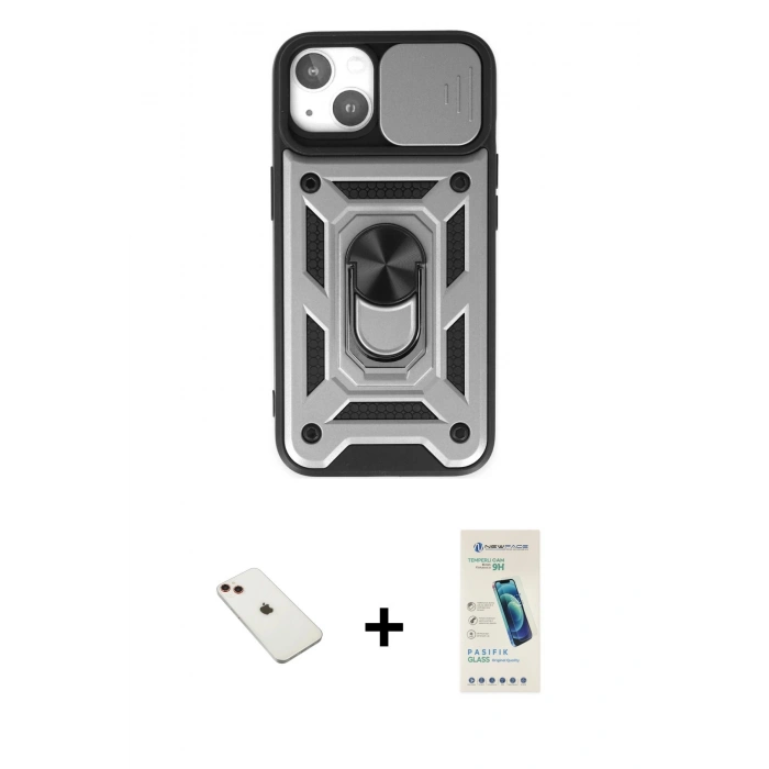 MARSİLYAN™- iPhone 14 Kılıf Ahenk Klasik - Şeffaf Pasifik Cam Ekran Koruyucu + Diamond Kamera Lens - KI