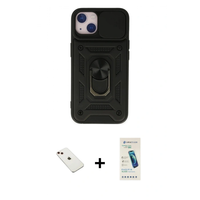 MARSİLYAN™- iPhone 14 Kılıf Ahenk Klasik - Şeffaf Pasifik Cam Ekran Koruyucu + Diamond Kamera Lens - KI