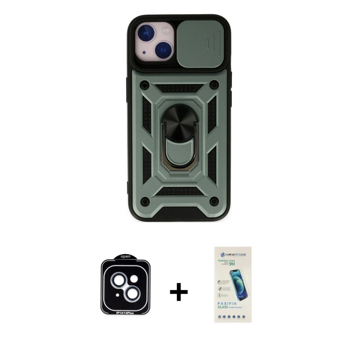 MARSİLYAN™- iPhone 14 Kılıf Ahenk Klasik - Şeffaf Pasifik Cam Ekran Koruyucu + PVD Metal Kamera Lens - MI