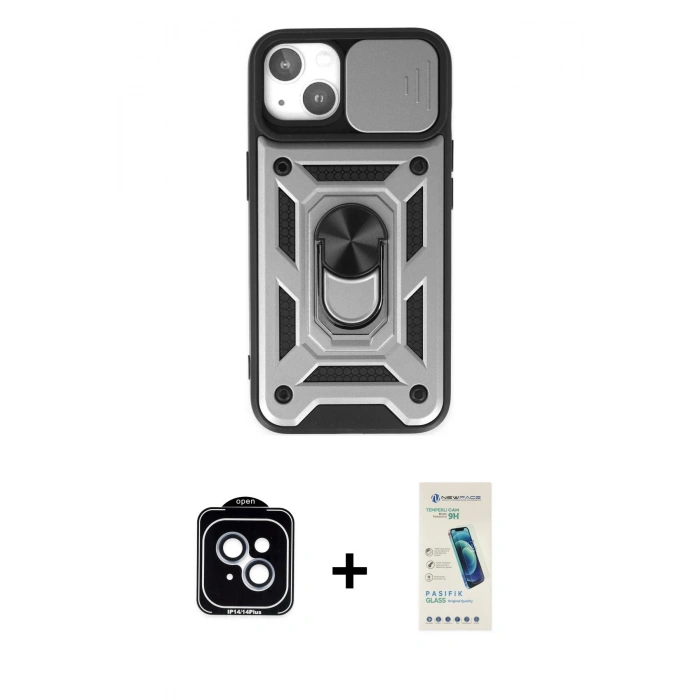 MARSİLYAN™- iPhone 14 Kılıf Ahenk Klasik - Şeffaf Pasifik Cam Ekran Koruyucu + PVD Metal Kamera Lens - MI