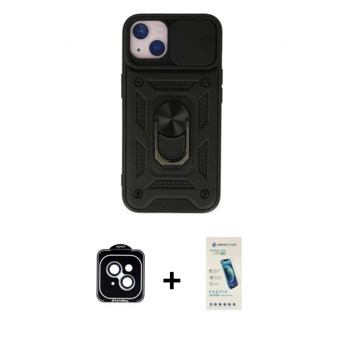 MARSİLYAN™- iPhone 14 Kılıf Ahenk Klasik - Şeffaf Pasifik Cam Ekran Koruyucu + PVD Metal Kamera Lens - MI
