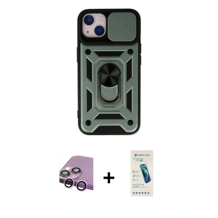 MARSİLYAN™- iPhone 14 Kılıf Ahenk Klasik - Şeffaf Pasifik Cam Ekran Koruyucu + Raze Metal Kamera Lens - MR