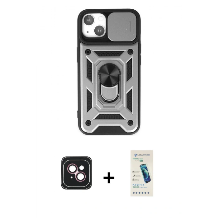 MARSİLYAN™- iPhone 14 Kılıf Ahenk Klasik - Şeffaf Pasifik Cam Ekran Koruyucu + PVD Metal Kamera Lens - PE