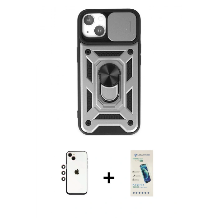 MARSİLYAN™- iPhone 14 Kılıf Ahenk Klasik - Şeffaf Pasifik Cam Ekran Koruyucu + Shine Kamera Lens - GI