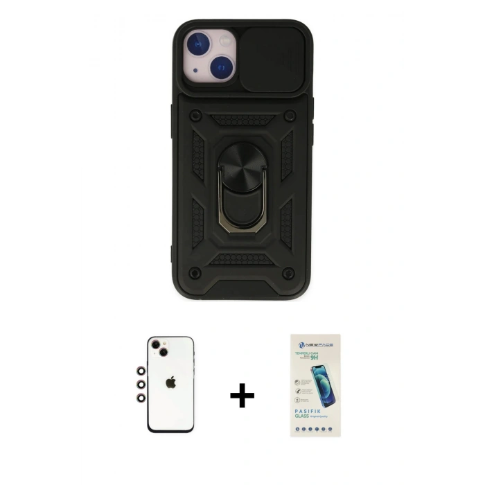 MARSİLYAN™- iPhone 14 Kılıf Ahenk Klasik - Şeffaf Pasifik Cam Ekran Koruyucu + Shine Kamera Lens - GI