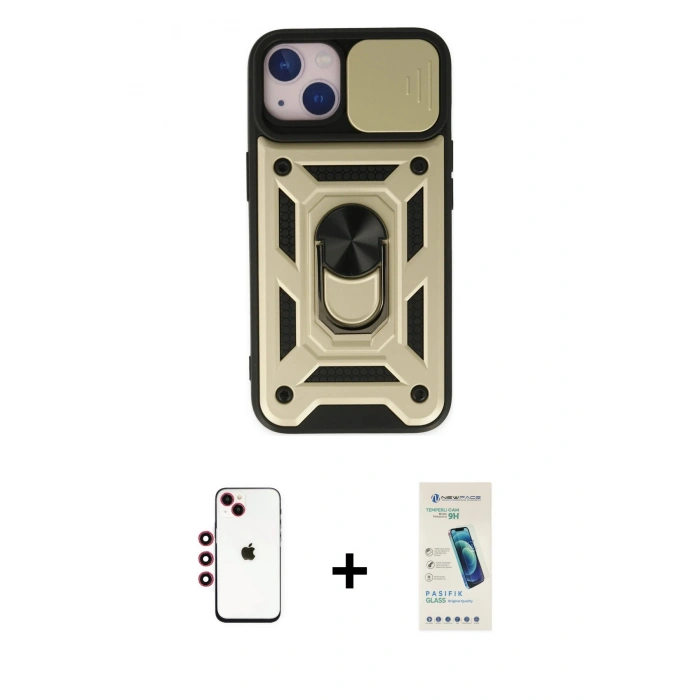 MARSİLYAN™- iPhone 14 Kılıf Ahenk Klasik - Şeffaf Pasifik Cam Ekran Koruyucu + Shine Kamera Lens - KI