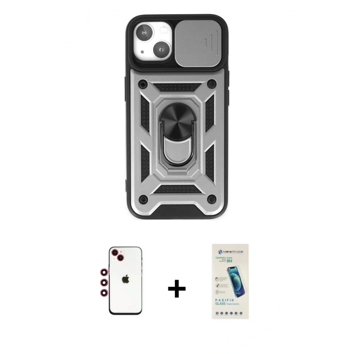 MARSİLYAN™- iPhone 14 Kılıf Ahenk Klasik - Şeffaf Pasifik Cam Ekran Koruyucu + Shine Kamera Lens - KI