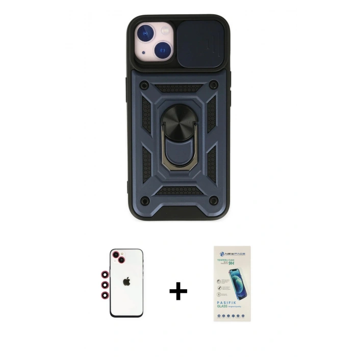 MARSİLYAN™- iPhone 14 Kılıf Ahenk Klasik - Şeffaf Pasifik Cam Ekran Koruyucu + Shine Kamera Lens - KI