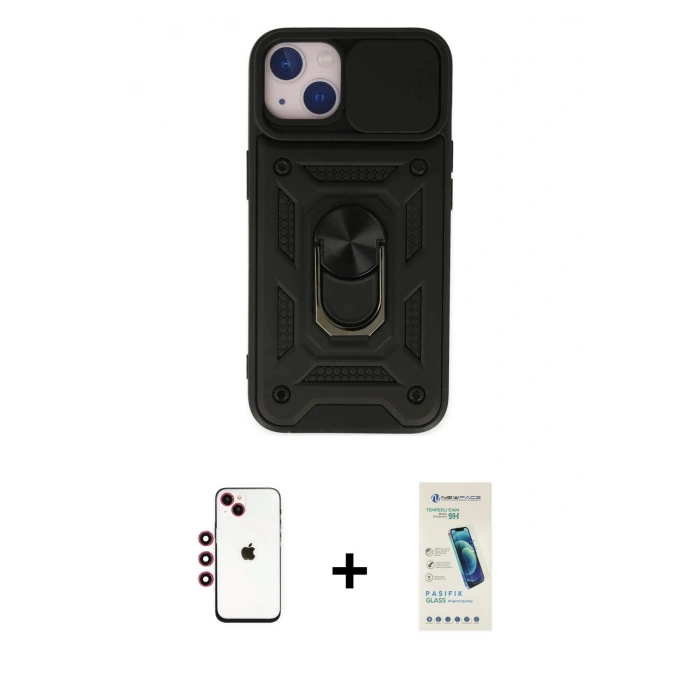 MARSİLYAN™- iPhone 14 Kılıf Ahenk Klasik - Şeffaf Pasifik Cam Ekran Koruyucu + Shine Kamera Lens - KI