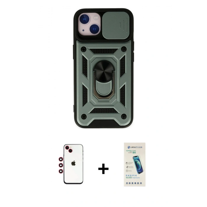 MARSİLYAN™- iPhone 14 Kılıf Ahenk Klasik - Şeffaf Pasifik Cam Ekran Koruyucu + Shine Kamera Lens - KI