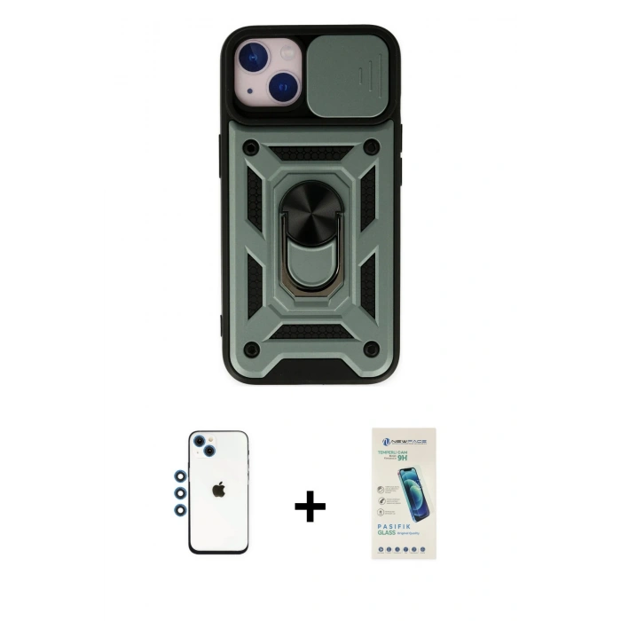 MARSİLYAN™- iPhone 14 Kılıf Ahenk Klasik - Şeffaf Pasifik Cam Ekran Koruyucu + Shine Kamera Lens - MI