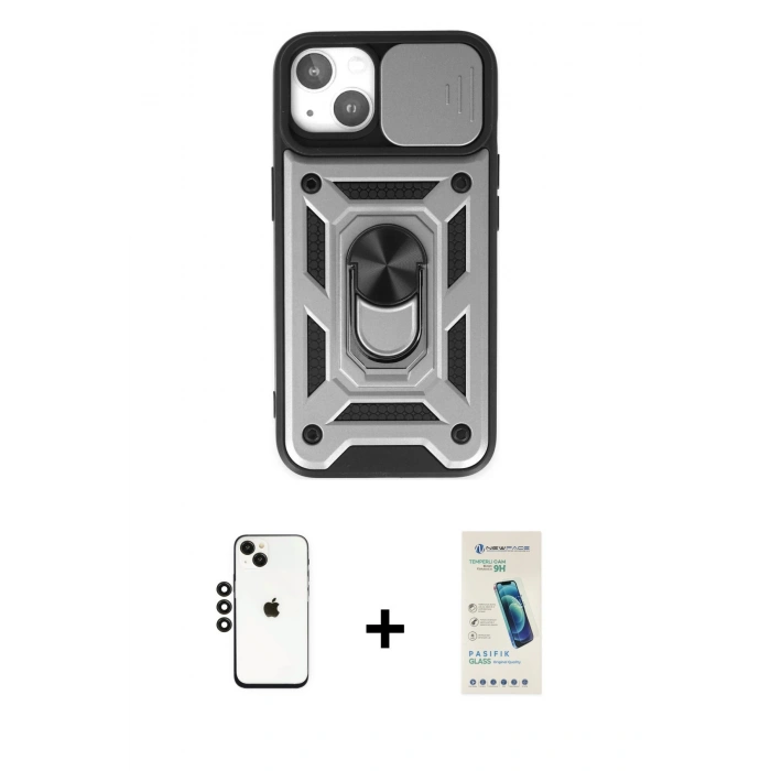 MARSİLYAN™- iPhone 14 Kılıf Ahenk Klasik - Şeffaf Pasifik Cam Ekran Koruyucu + Shine Kamera Lens - SH