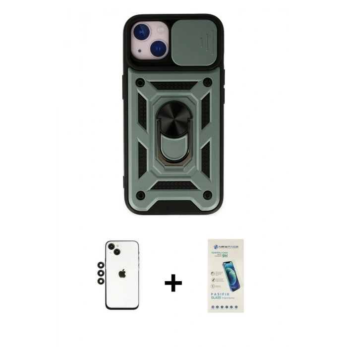 MARSİLYAN™- iPhone 14 Kılıf Ahenk Klasik - Şeffaf Pasifik Cam Ekran Koruyucu + Shine Kamera Lens - SH