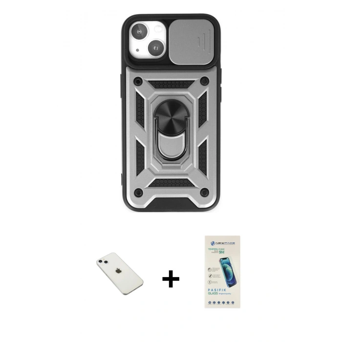 MARSİLYAN™- iPhone 14 Kılıf Ahenk Klasik - Şeffaf Pasifik Cam Ekran Koruyucu + Diamond Kamera Lens - SABE
