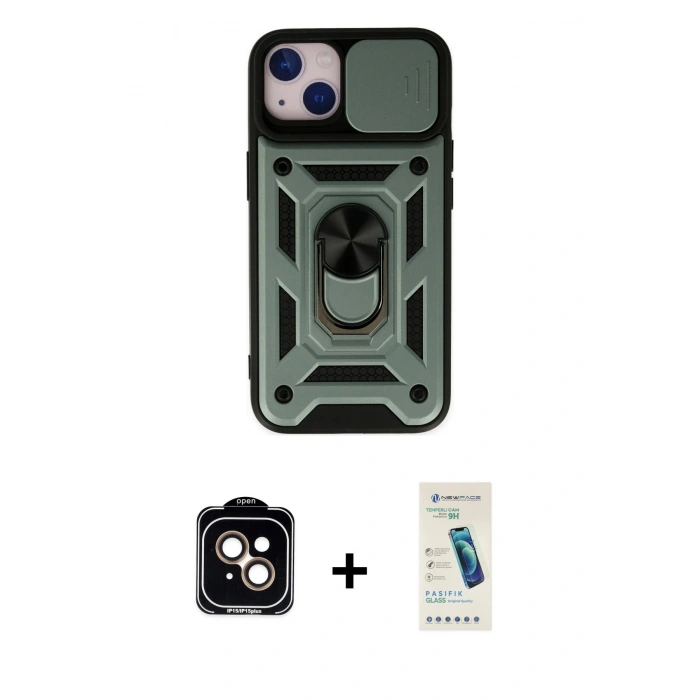 MARSİLYAN™- iPhone 14 Kılıf Ahenk Klasik - Şeffaf Pasifik Cam Ekran Koruyucu + PVD Metal Kamera Lens - TU