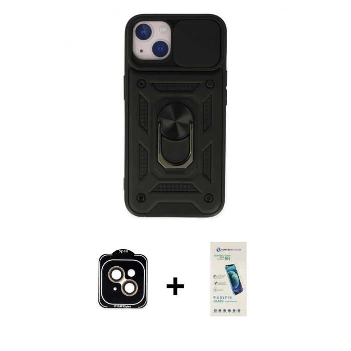 MARSİLYAN™- iPhone 14 Kılıf Ahenk Klasik - Şeffaf Pasifik Cam Ekran Koruyucu + PVD Metal Kamera Lens - TU