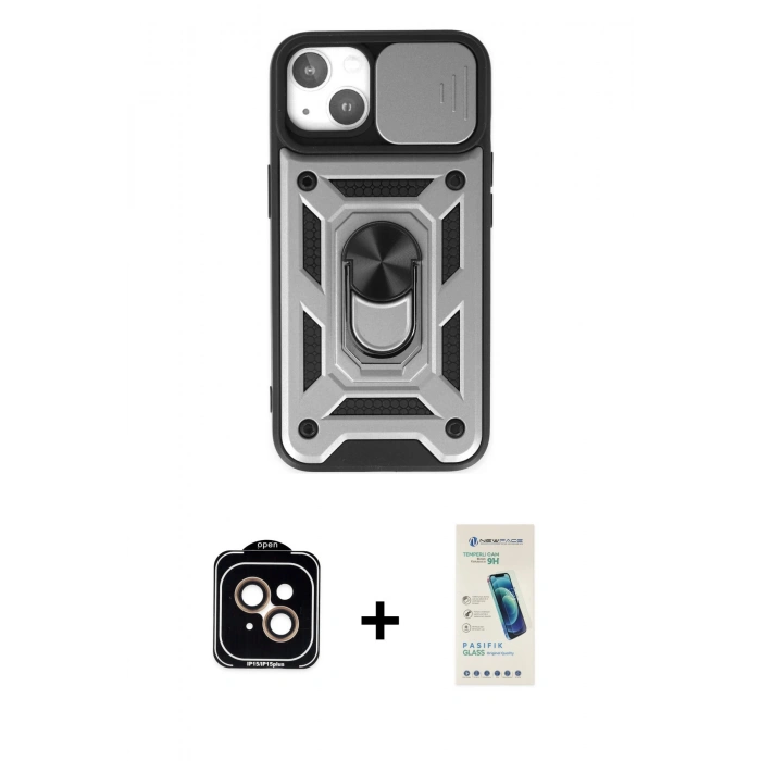 MARSİLYAN™- iPhone 14 Kılıf Ahenk Klasik - Şeffaf Pasifik Cam Ekran Koruyucu + PVD Metal Kamera Lens - TU
