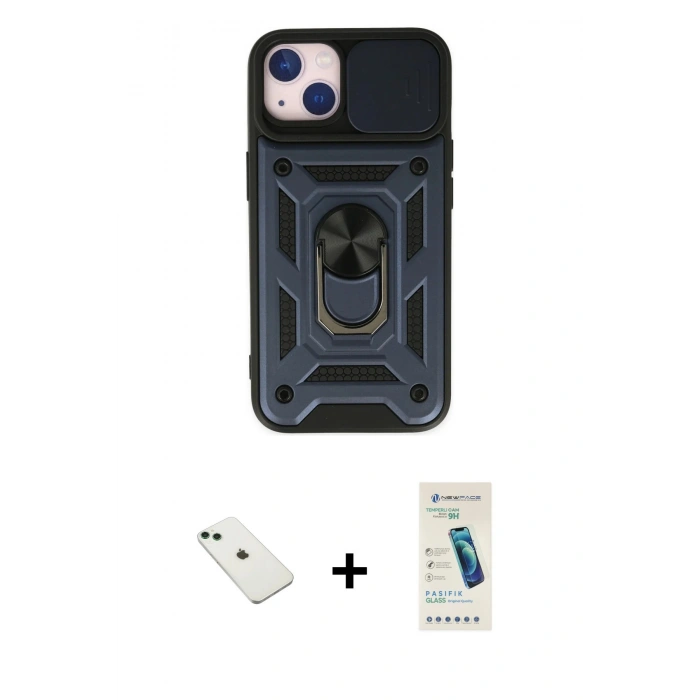 MARSİLYAN™- iPhone 14 Kılıf Ahenk Klasik - Şeffaf Pasifik Cam Ekran Koruyucu + Diamond Kamera Lens - YL