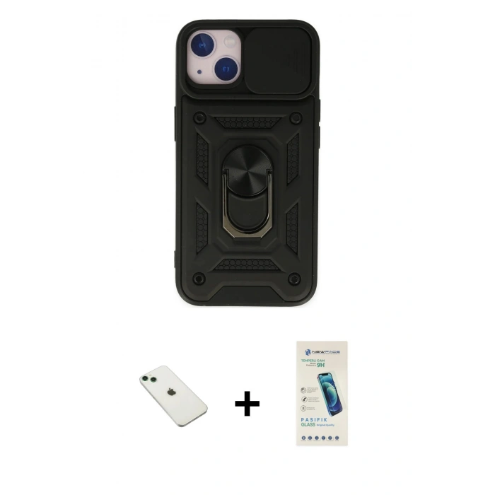 MARSİLYAN™- iPhone 14 Kılıf Ahenk Klasik - Şeffaf Pasifik Cam Ekran Koruyucu + Diamond Kamera Lens - YL