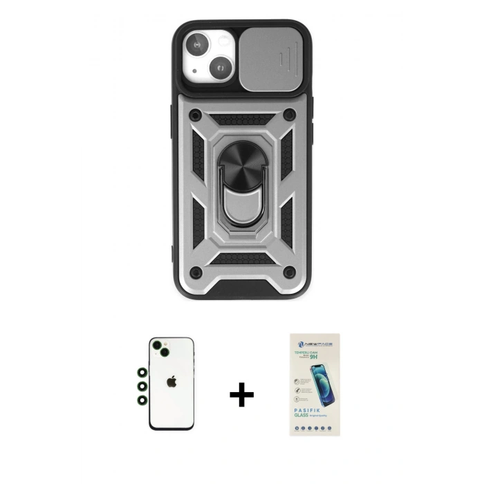 MARSİLYAN™- iPhone 14 Kılıf Ahenk Klasik - Şeffaf Pasifik Cam Ekran Koruyucu + Shine Kamera Lens - YL