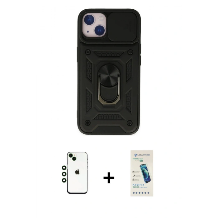 MARSİLYAN™- iPhone 14 Kılıf Ahenk Klasik - Şeffaf Pasifik Cam Ekran Koruyucu + Shine Kamera Lens - YL