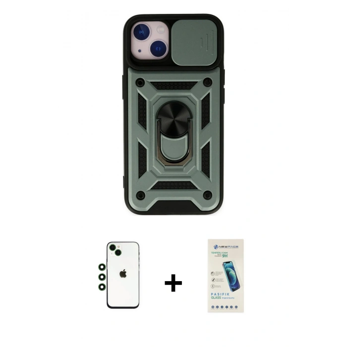 MARSİLYAN™- iPhone 14 Kılıf Ahenk Klasik - Şeffaf Pasifik Cam Ekran Koruyucu + Shine Kamera Lens - YL