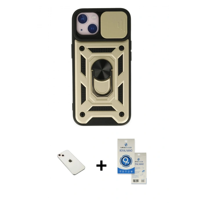 MARSİLYAN™- iPhone 14 Kılıf Ahenk Klasik - Şeffaf Royal Nano Ekran Koruyucu + Diamond Kamera Lens - PE