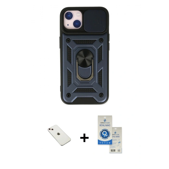 MARSİLYAN™- iPhone 14 Kılıf Ahenk Klasik - Şeffaf Royal Nano Ekran Koruyucu + Diamond Kamera Lens - PE