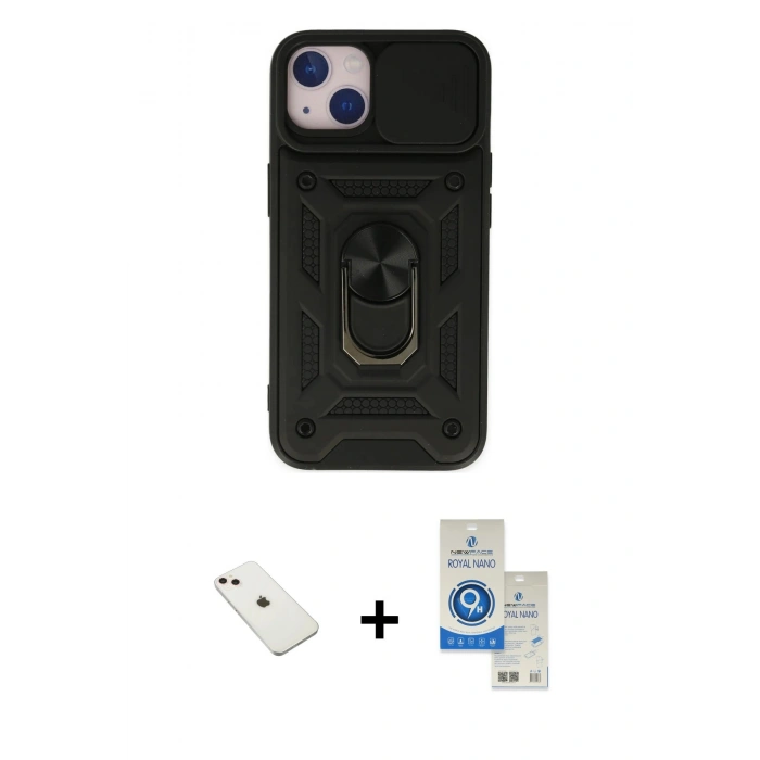 MARSİLYAN™- iPhone 14 Kılıf Ahenk Klasik - Şeffaf Royal Nano Ekran Koruyucu + Diamond Kamera Lens - PE