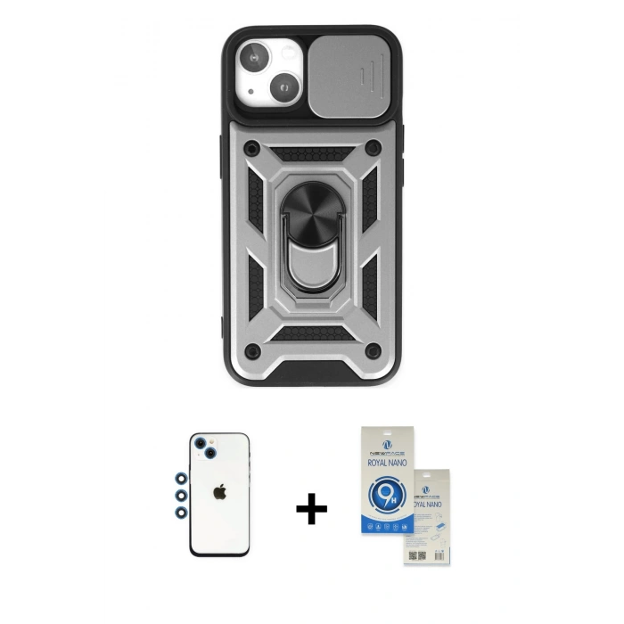 MARSİLYAN™- iPhone 14 Kılıf Ahenk Klasik - Şeffaf Royal Nano Ekran Koruyucu + Shine Kamera Lens - MI