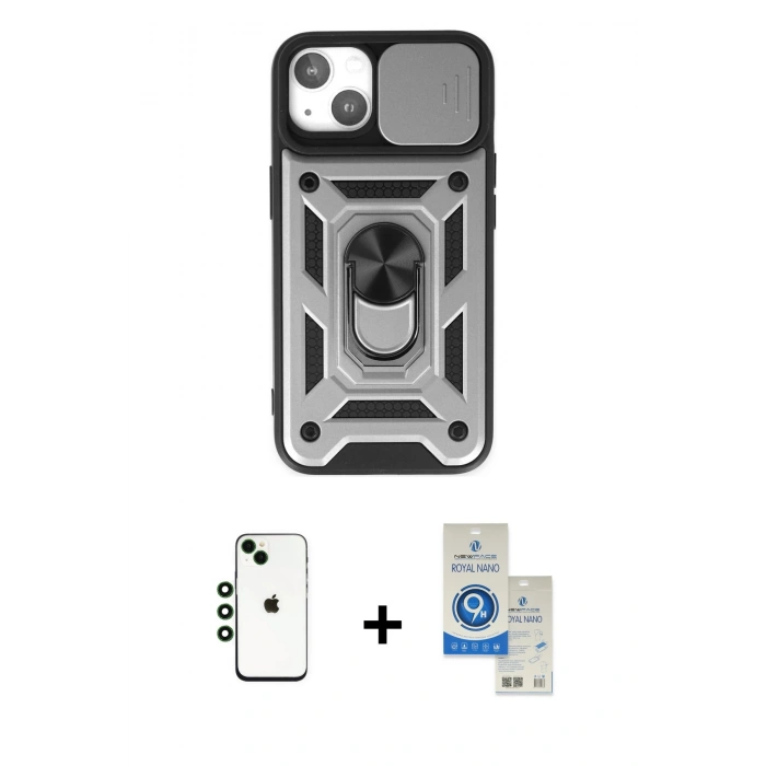 MARSİLYAN™- iPhone 14 Kılıf Ahenk Klasik - Şeffaf Royal Nano Ekran Koruyucu + Shine Kamera Lens - YL