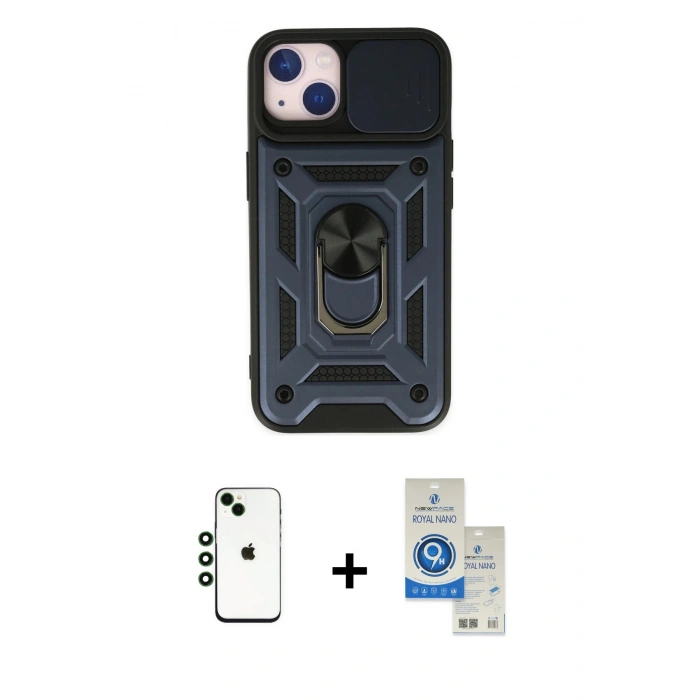 MARSİLYAN™- iPhone 14 Kılıf Ahenk Klasik - Şeffaf Royal Nano Ekran Koruyucu + Shine Kamera Lens - YL