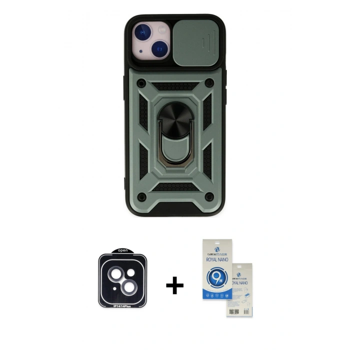 MARSİLYAN™- iPhone 14 Kılıf Ahenk Klasik - Şeffaf Royal Nano Ekran Koruyucu + PVD Metal Kamera Lens - SH