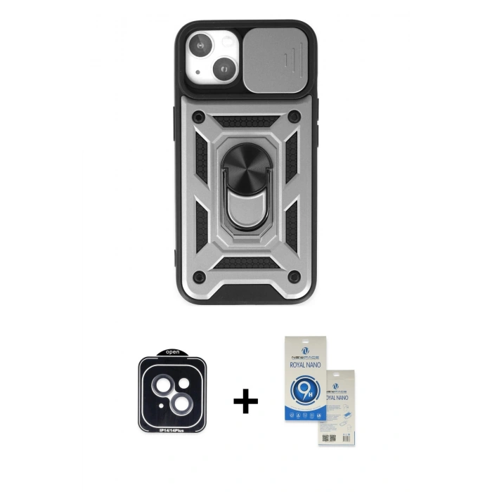 MARSİLYAN™- iPhone 14 Kılıf Ahenk Klasik - Şeffaf Royal Nano Ekran Koruyucu + PVD Metal Kamera Lens - SH