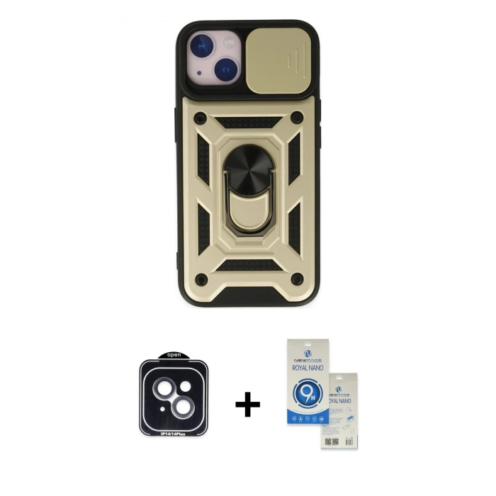 MARSİLYAN™- iPhone 14 Kılıf Ahenk Klasik - Şeffaf Royal Nano Ekran Koruyucu + PVD Metal Kamera Lens - SH