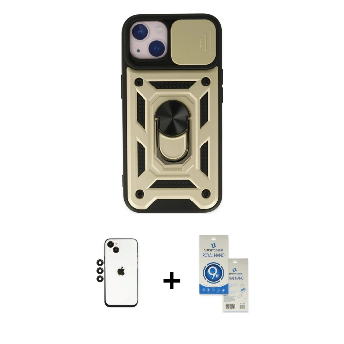 MARSİLYAN™- iPhone 14 Kılıf Ahenk Klasik - Şeffaf Royal Nano Ekran Koruyucu + Shine Kamera Lens - SH
