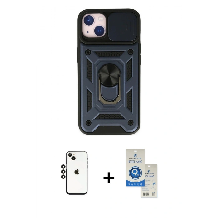 MARSİLYAN™- iPhone 14 Kılıf Ahenk Klasik - Şeffaf Royal Nano Ekran Koruyucu + Shine Kamera Lens - SH