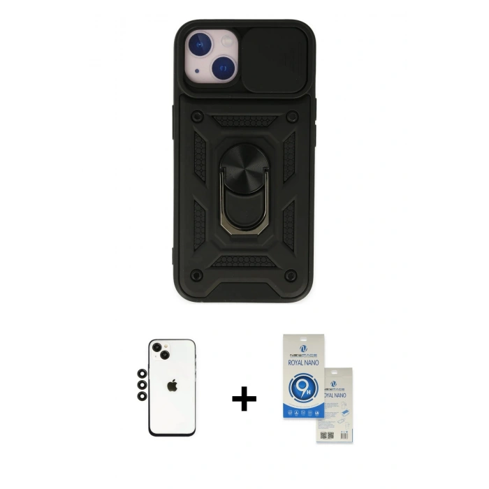 MARSİLYAN™- iPhone 14 Kılıf Ahenk Klasik - Şeffaf Royal Nano Ekran Koruyucu + Shine Kamera Lens - SH