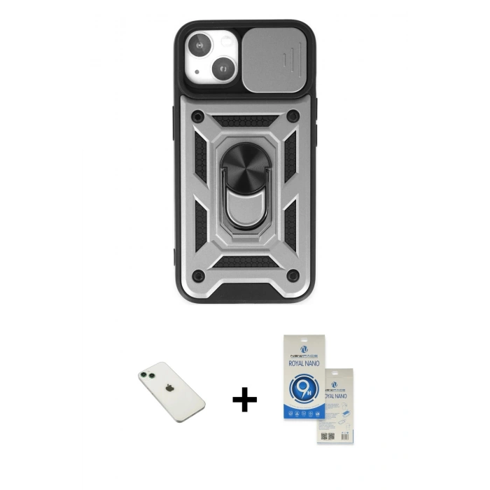 MARSİLYAN™- iPhone 14 Kılıf Ahenk Klasik - Şeffaf Royal Nano Ekran Koruyucu + Diamond Kamera Lens - YL